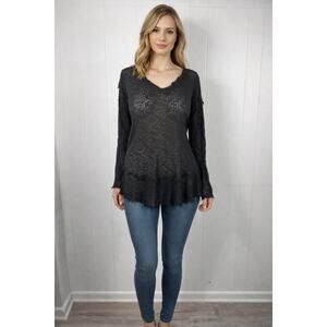 Free People We The Free Dark Gray Fringe Trim V-Neck Sweater Top Size S